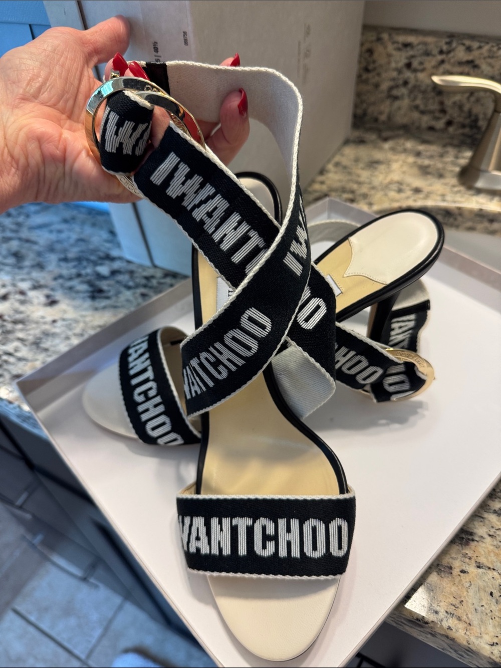 Jimmy Choo Black & White Logo Strap Heels 41 never worn